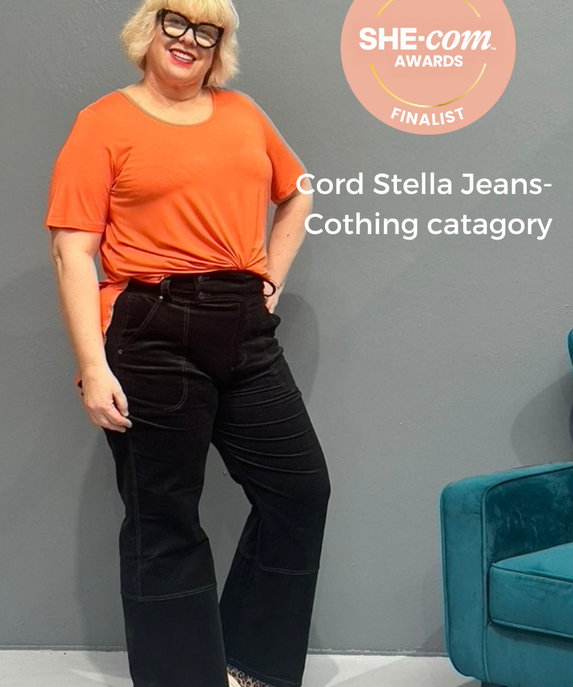 'STELLA' cords with a medium flare and high-waisted design for plus size women - black.