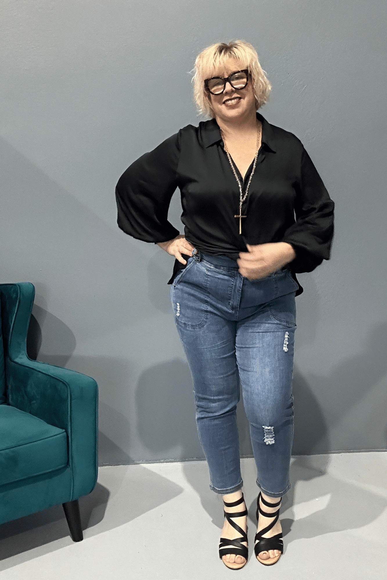 Slim-leg, high-waisted STELLA plus size jeans in distressed ultra-stretch denim for a flattering fit.