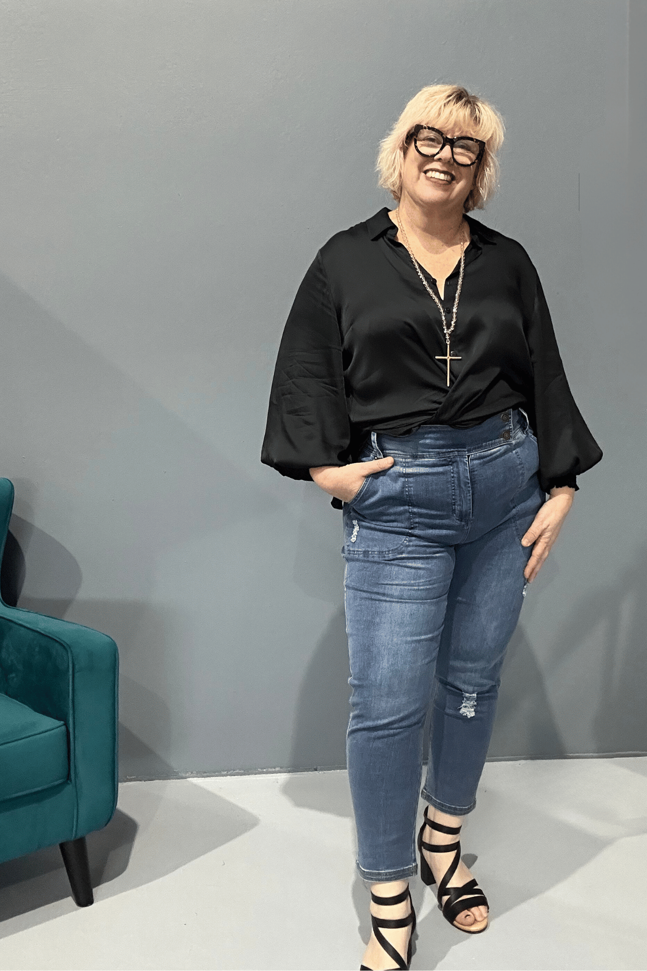 Slim-leg, high-waisted STELLA plus size jeans in distressed ultra-stretch denim for a flattering fit.