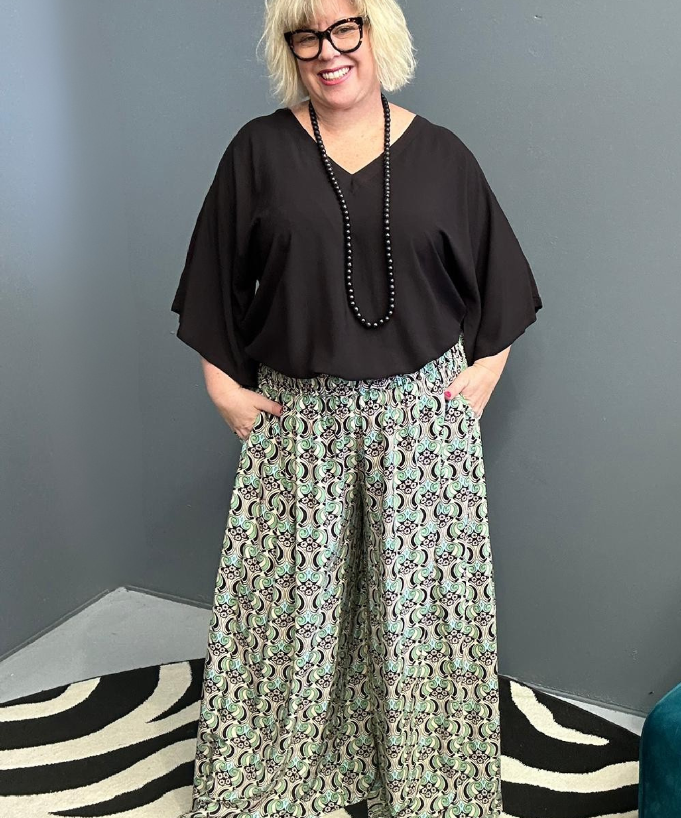Flowy palazzo pants with a fresh Mint Swirl print.