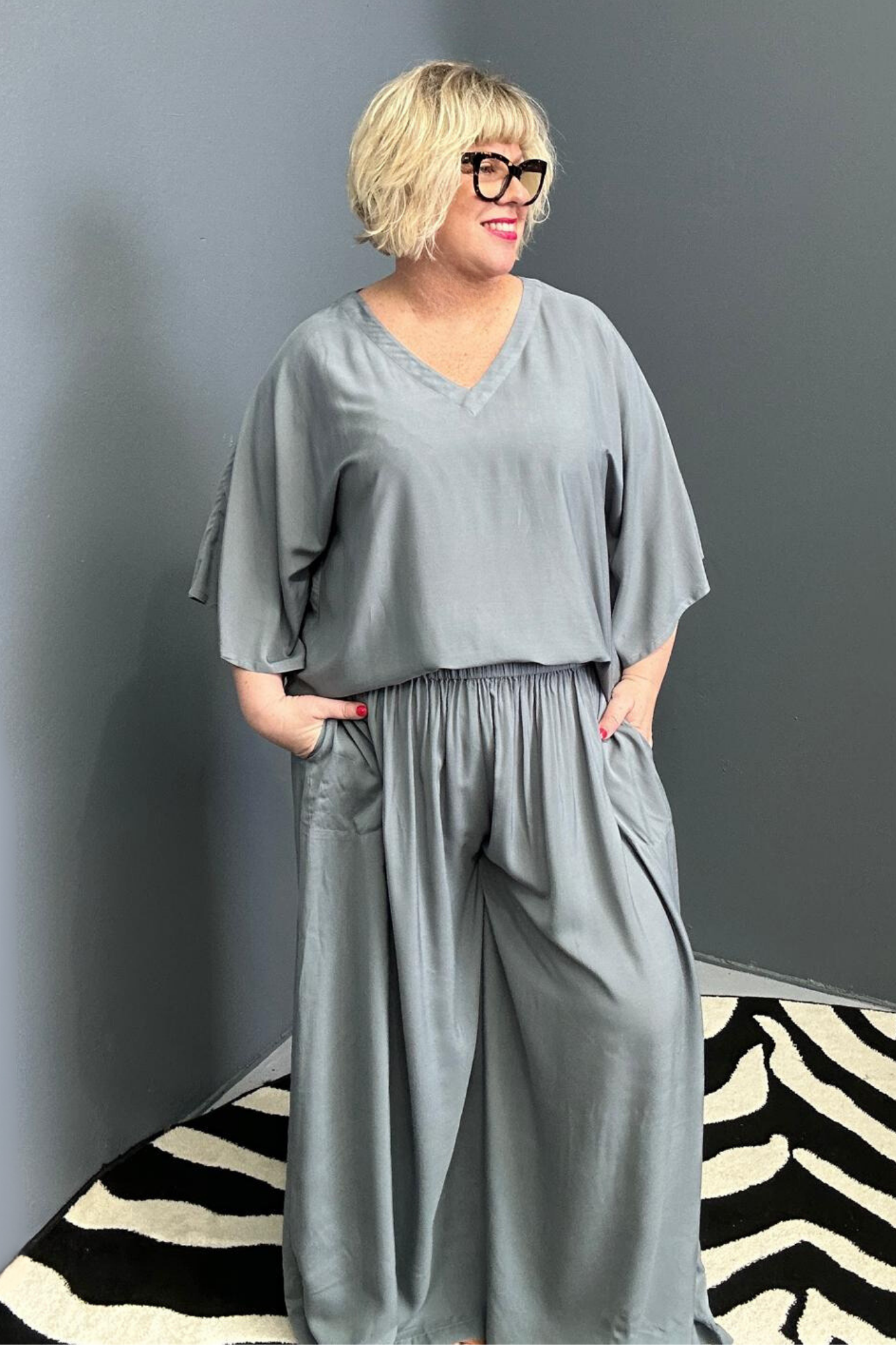 Flowy palazzo pants in a calming sage hue.