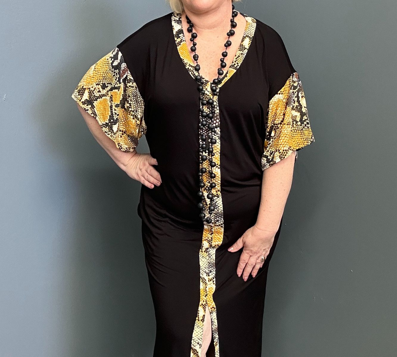 Plus-size TABOO bamboo maxi dress in a bold yellow and black design