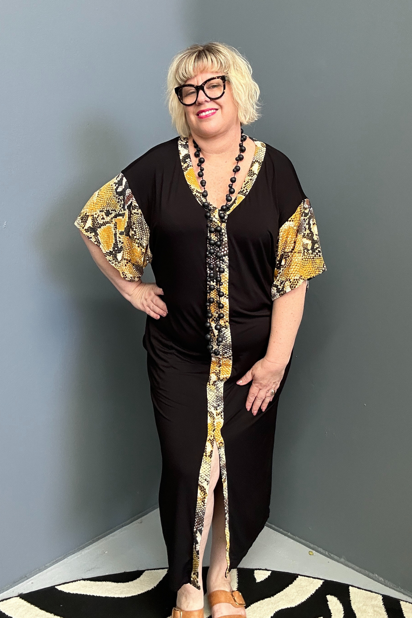 Plus-size TABOO bamboo maxi dress in a bold yellow and black design