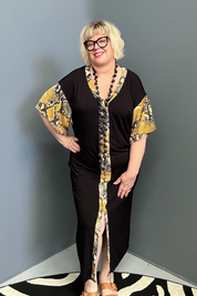 Plus-size TABOO bamboo maxi dress in a bold yellow and black design