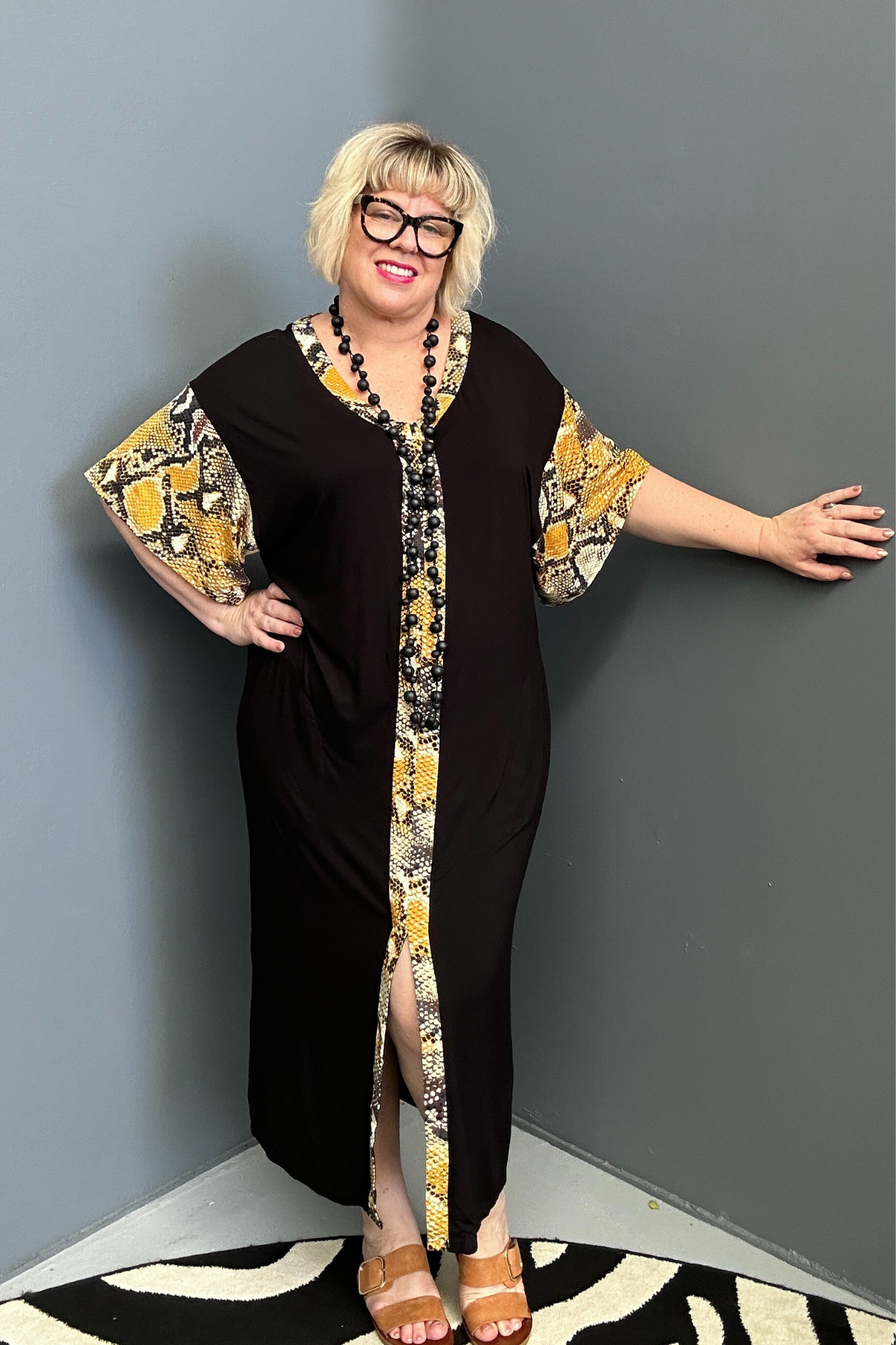 Plus-size TABOO bamboo maxi dress in a bold yellow and black design