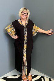 Plus-size TABOO bamboo maxi dress in a bold yellow and black design