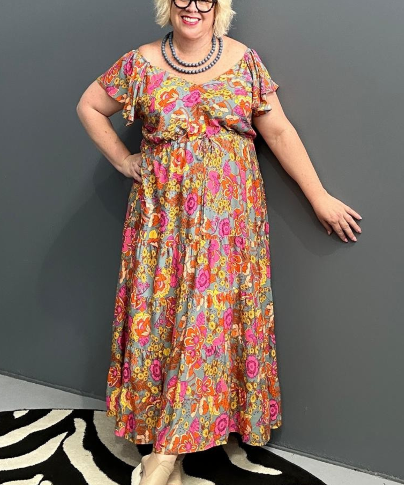 Thea maxi plus size dress floral print pink yellow green