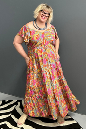 Thea maxi plus size dress floral print pink yellow green