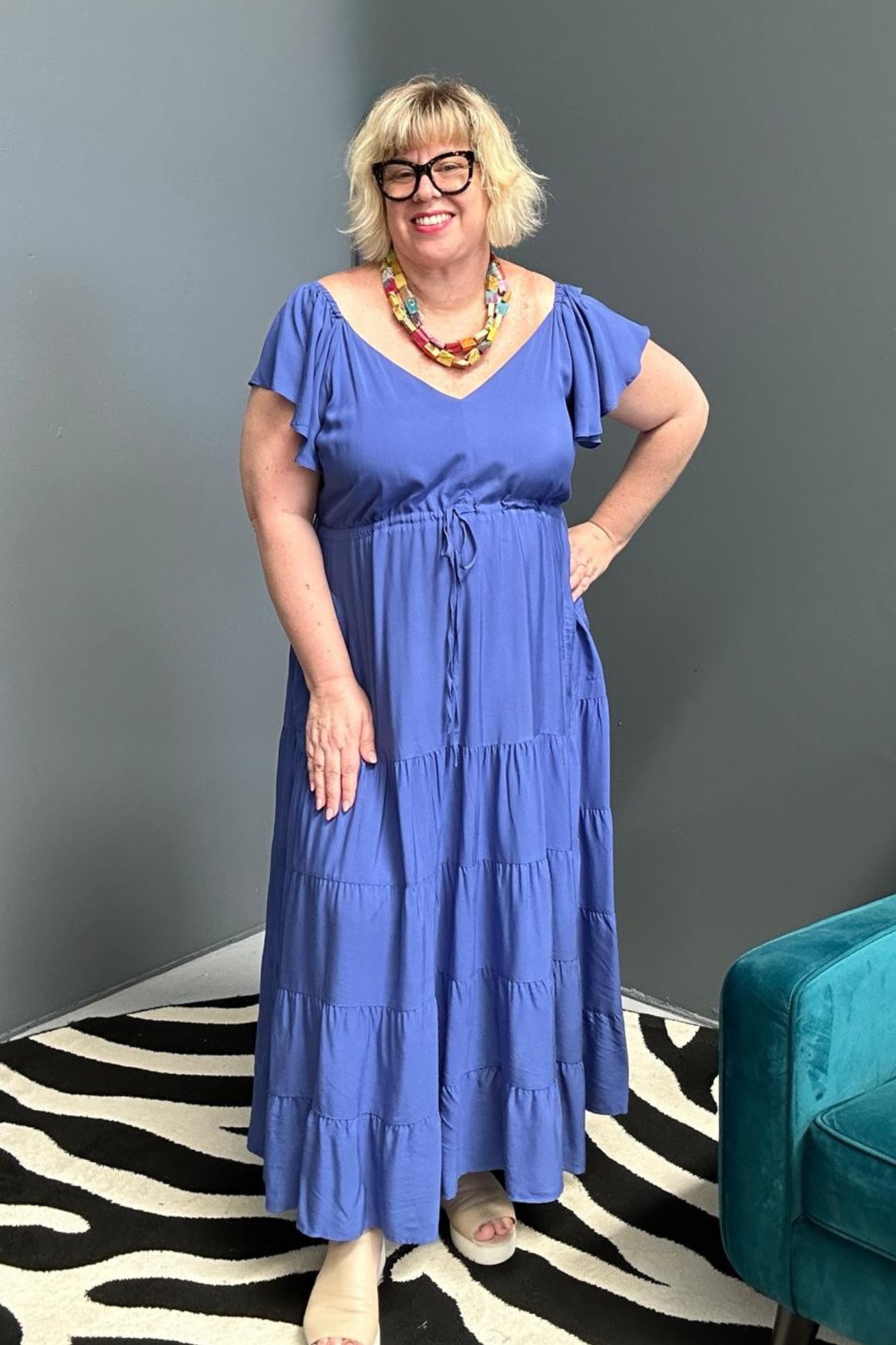 Flowy rayon maxi dress in a dreamy cornflower blue.
