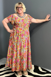 Thea maxi plus size dress floral print pink yellow green