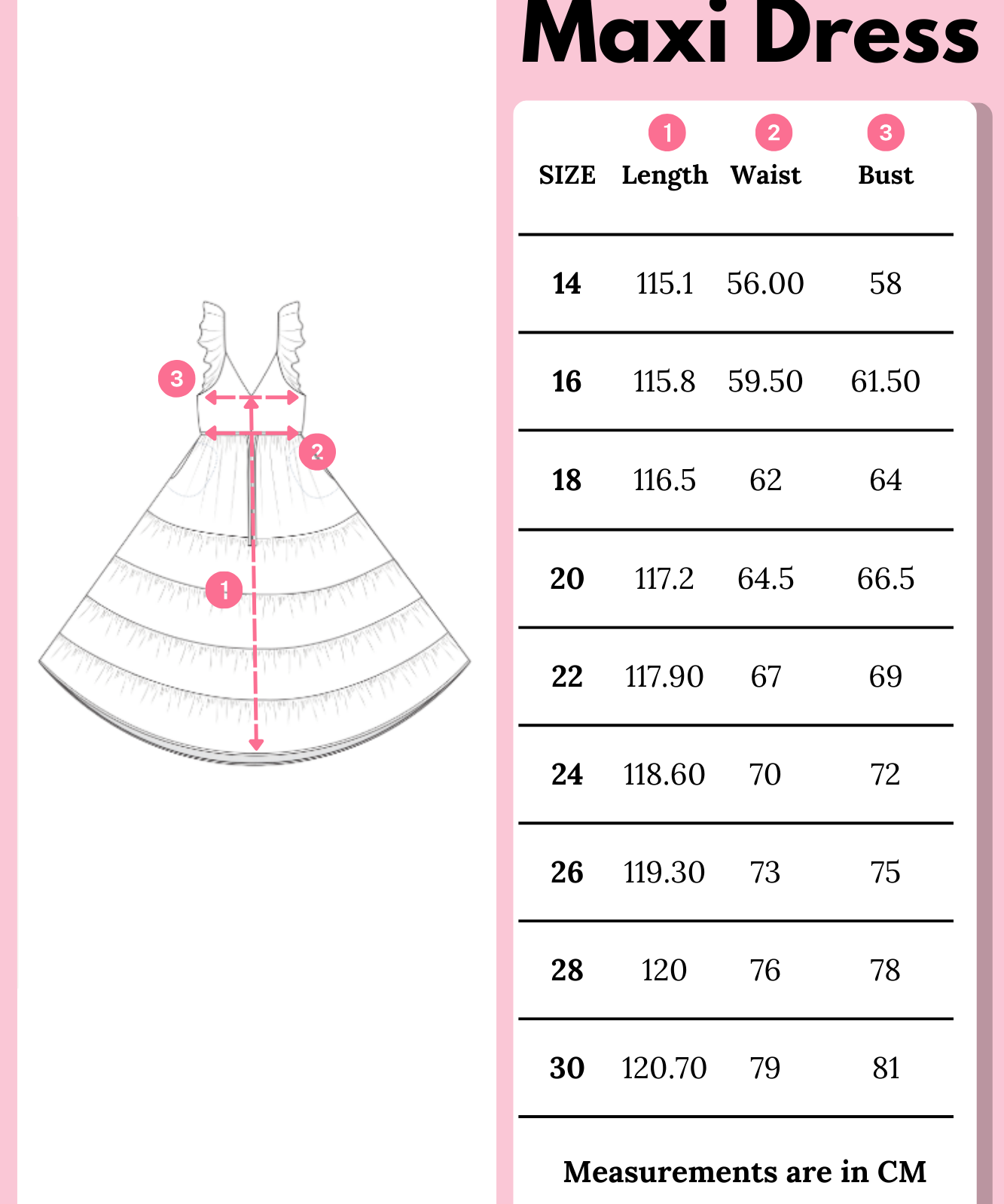 Thea maxi dress size chart