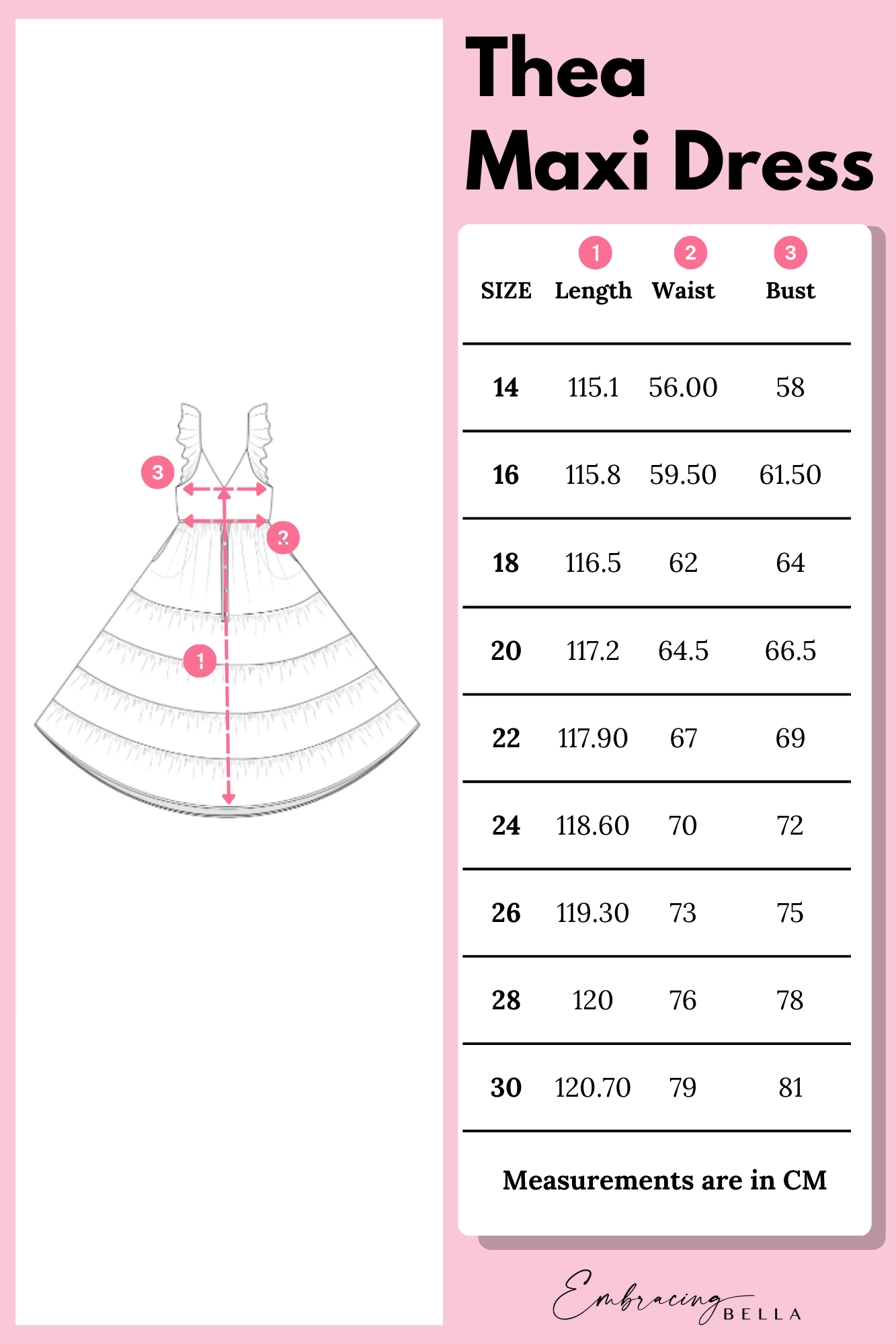 Thea maxi dress size chart