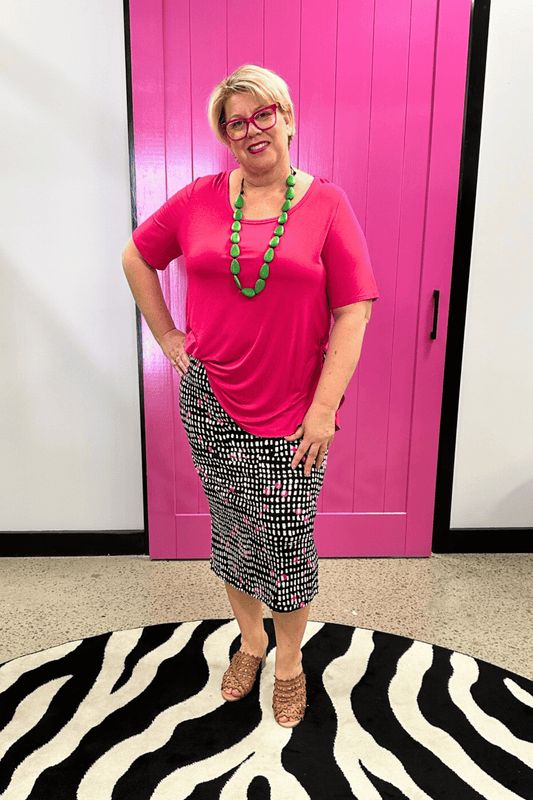 'Charli' Jersey Rayon Midcalf Skirt - Pink Spotted Dash