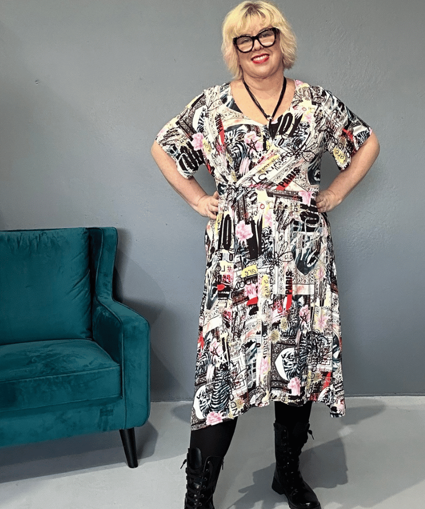 Plus size 'ELLIS' short sleeve dress, perfect for curvy women, styled with a corduroy jacket - Vintage Poster Print.