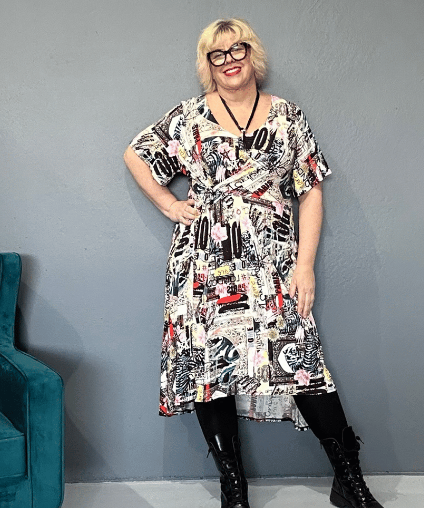 Plus size 'ELLIS' short sleeve dress, perfect for curvy women, styled with a corduroy jacket - Vintage Poster Print.