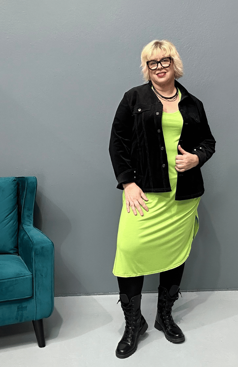 Plus size 'Alana' T-Shirt Dress in bright lime, featuring a classic cut and lightweight design.