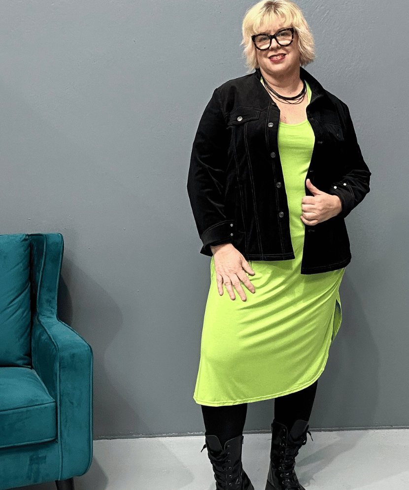 Plus size 'Alana' T-Shirt Dress in bright lime, featuring a classic cut and lightweight design.