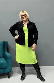 Plus size 'Alana' T-Shirt Dress in bright lime, featuring a classic cut and lightweight design.