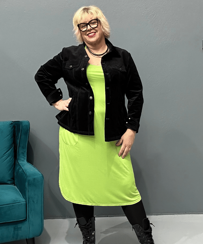 Plus size 'Alana' T-Shirt Dress in bright lime, featuring a classic cut and lightweight design.