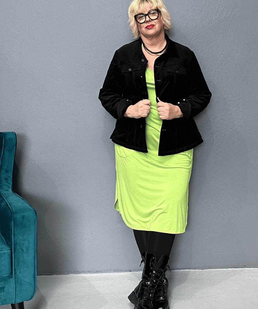 Plus size 'Alana' T-Shirt Dress in bright lime, featuring a classic cut and lightweight design.