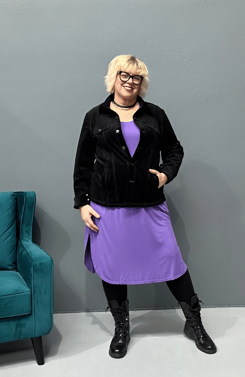 Plus size 'Alana' T-Shirt dress in purple, featuring short sleeves and lightweight material for comfort and versatility, perfect for pairing with an 'AVA' jacket or kimonos.