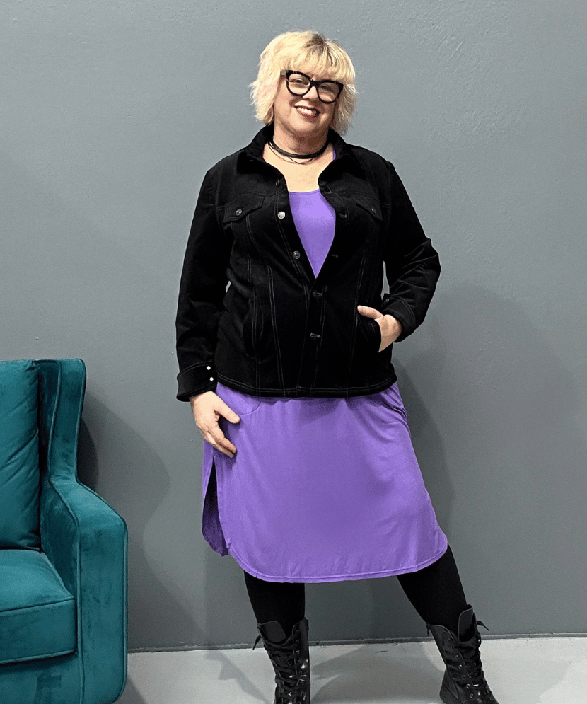 Plus size 'Alana' T-Shirt dress in purple, featuring short sleeves and lightweight material for comfort and versatility, perfect for pairing with an 'AVA' jacket or kimonos.