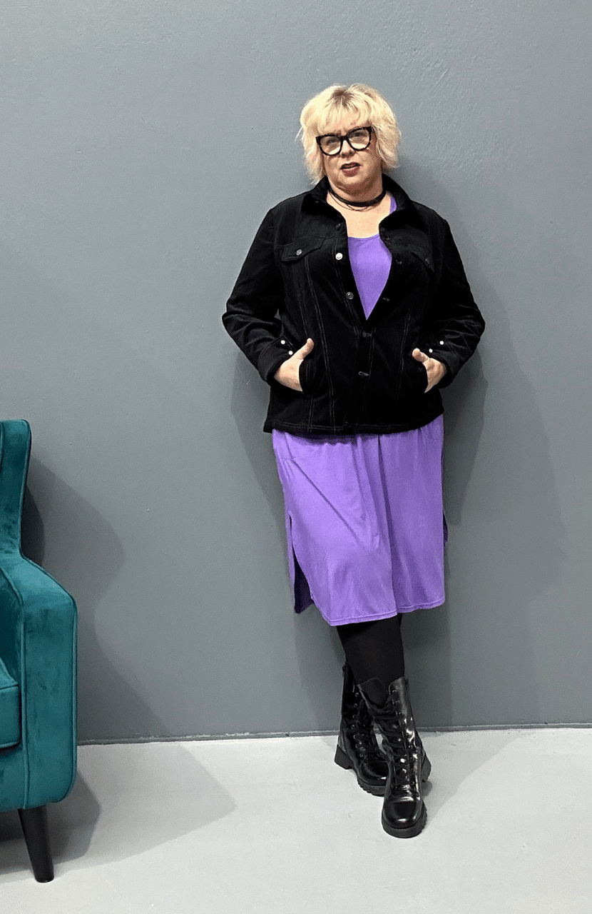 Plus size 'Alana' T-Shirt dress in purple, featuring short sleeves and lightweight material for comfort and versatility, perfect for pairing with an 'AVA' jacket or kimonos.