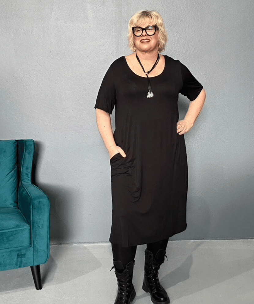  'Alana' T-Shirt Dress with a comfortable top and flattering silhouette, perfect for daytime wear and versatile styling.