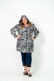 ZEBRA Trench Coat: Plus size, breathable polyester shell, soft bamboo lining, eye-catching zebra pattern.