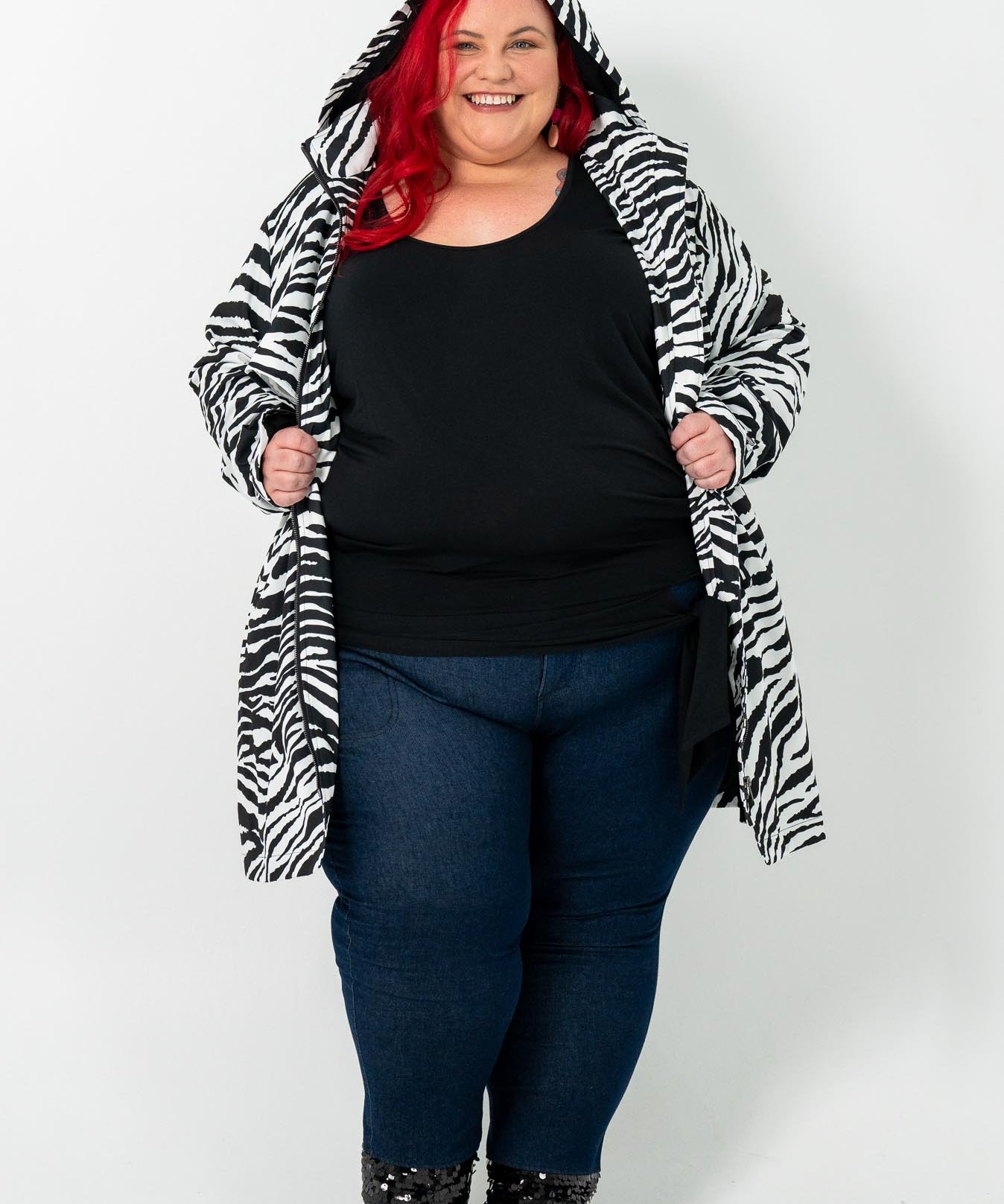 ZEBRA Trench Coat: Plus size, breathable polyester shell, soft bamboo lining, eye-catching zebra pattern.