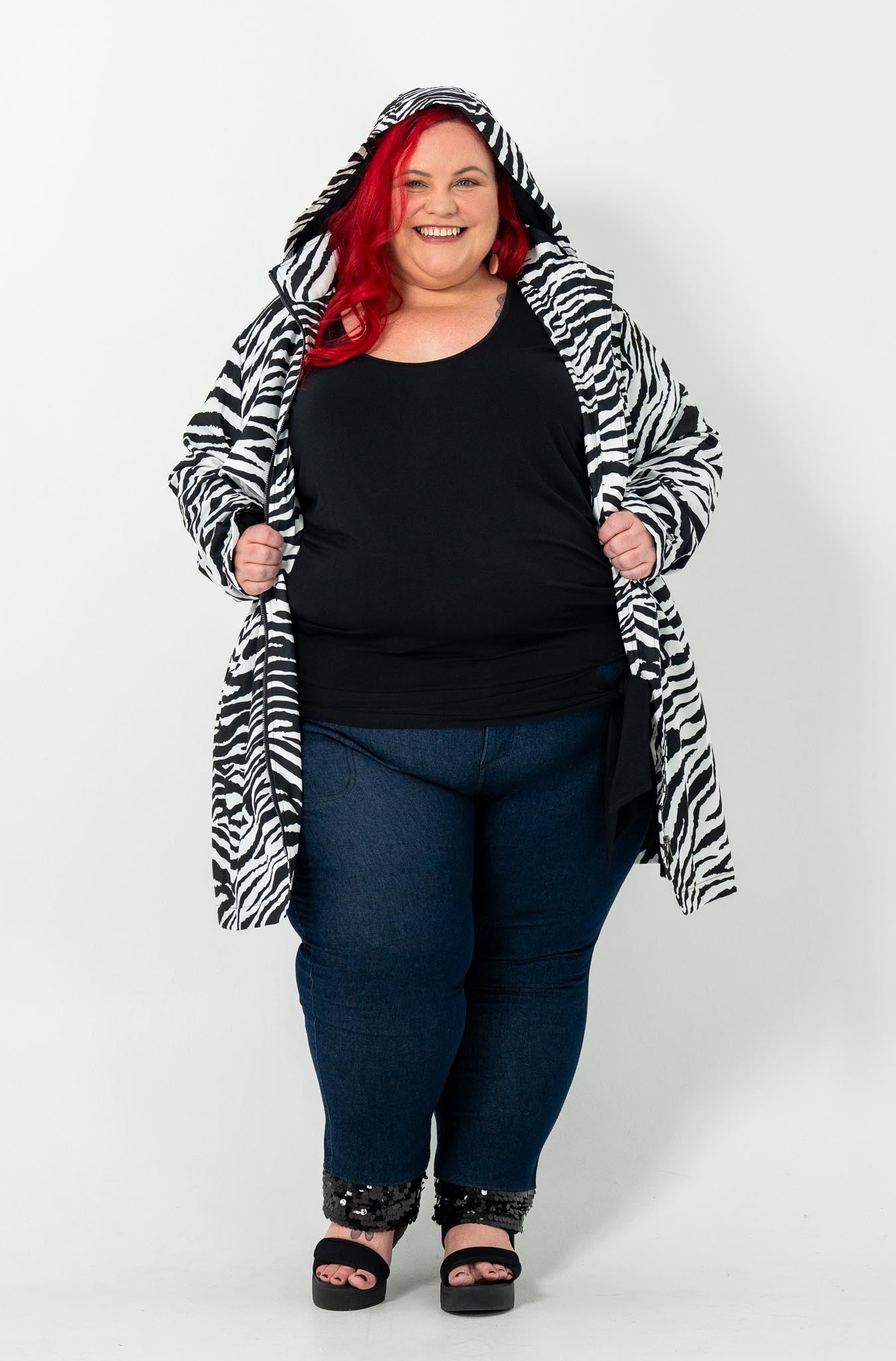ZEBRA Trench Coat: Plus size, breathable polyester shell, soft bamboo lining, eye-catching zebra pattern.