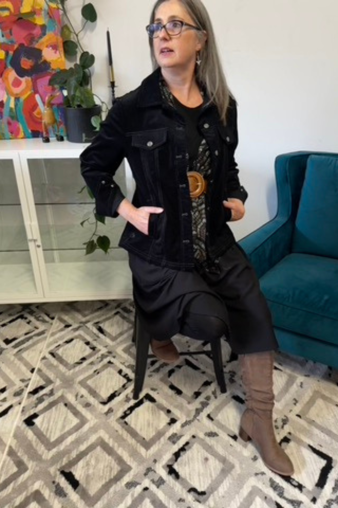 black Ava jacket with Mosaic black scarf