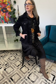 black Ava jacket with Mosaic black scarf