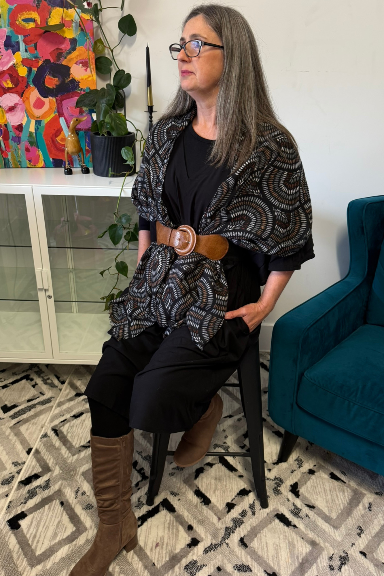 Model wearing OUTBACK MOSAIC Print Scarf in Black – Elegant and versatile scarf with abstract mosaic print, perfect for chic, everyday layering.