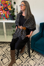 Model wearing OUTBACK MOSAIC Print Scarf in Black – Elegant and versatile scarf with abstract mosaic print, perfect for chic, everyday layering.