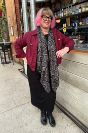 styled black mosaic printed scarf