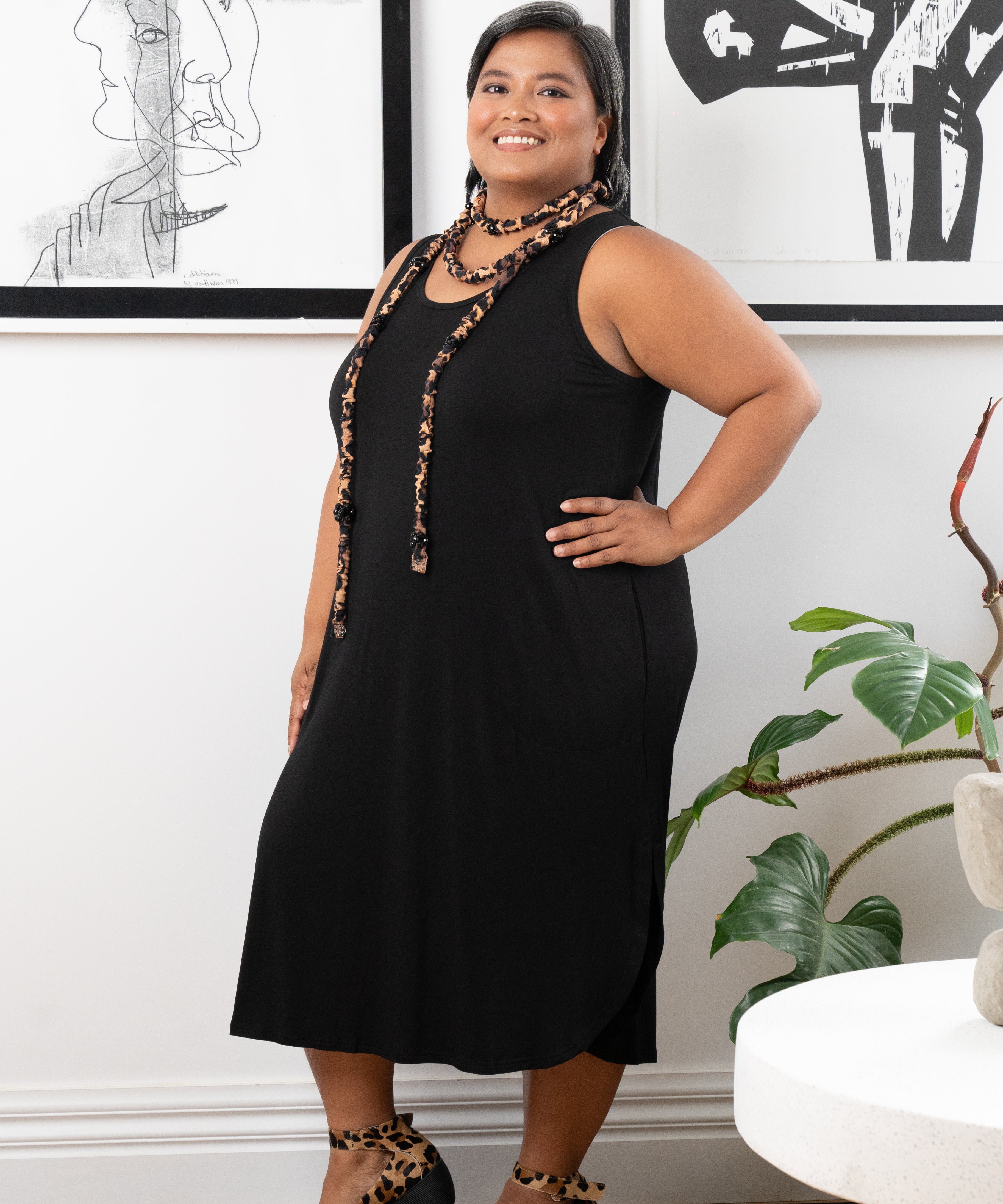 Plus-size EMILY black bamboo singlet dress.