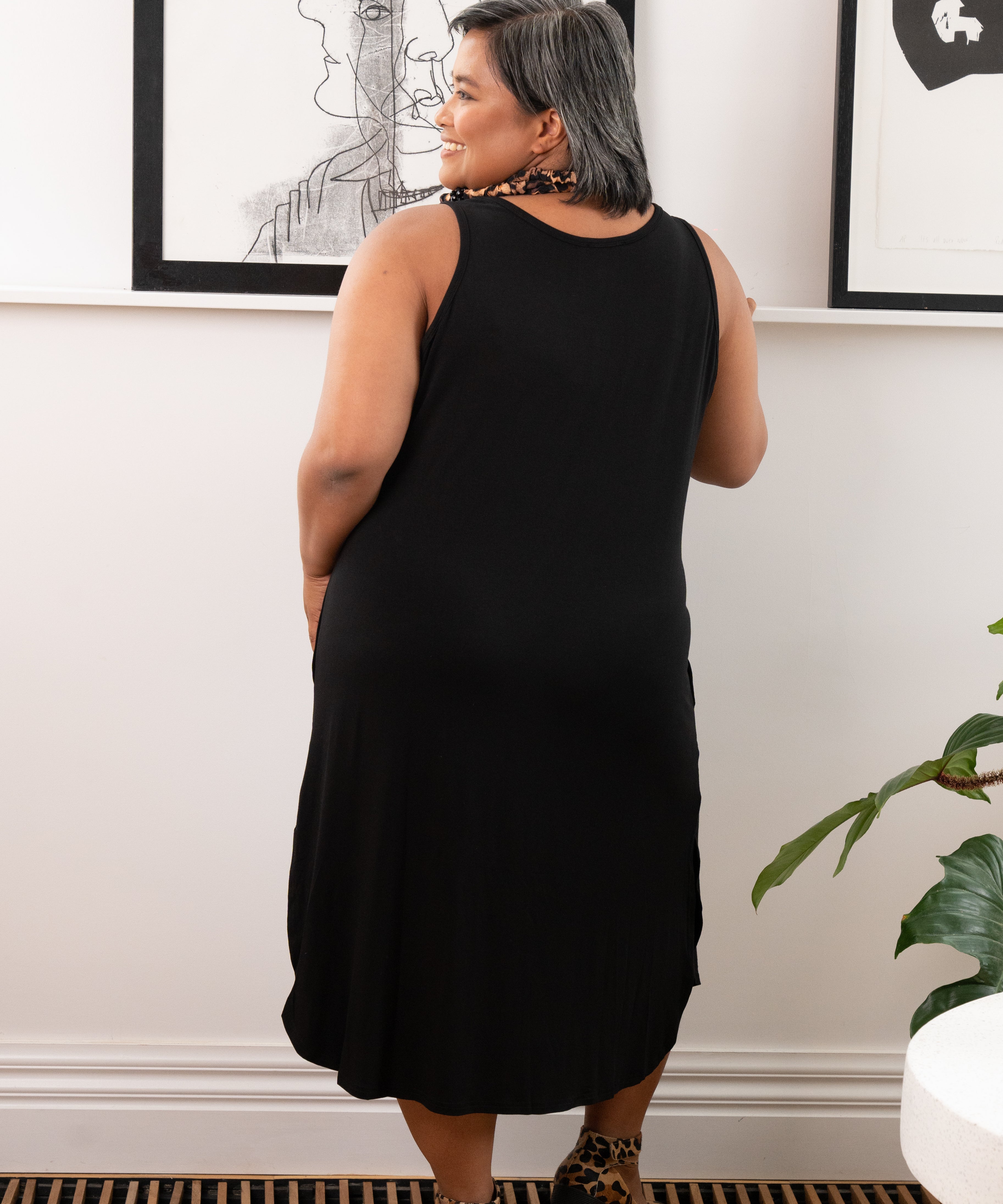 Plus-size EMILY black bamboo singlet dress.
