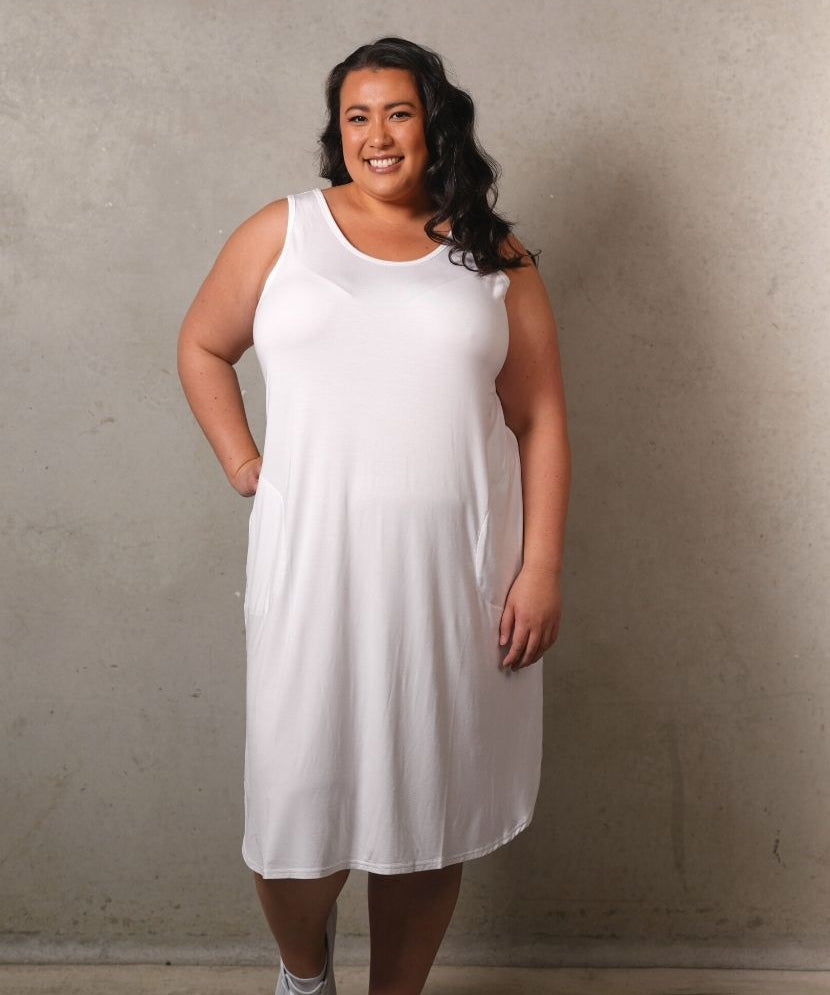 Plus size singlet dress, versatile for layering or wearing alone, perfect for all seasons - White.