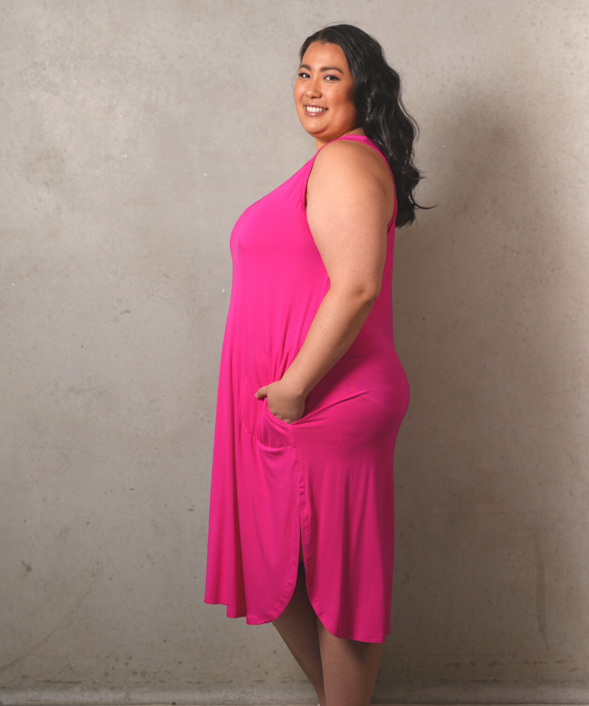Plus size singlet dress, versatile for year-round wear. Style with kimonos, leggings, boots, or wear alone in summer - Pink.