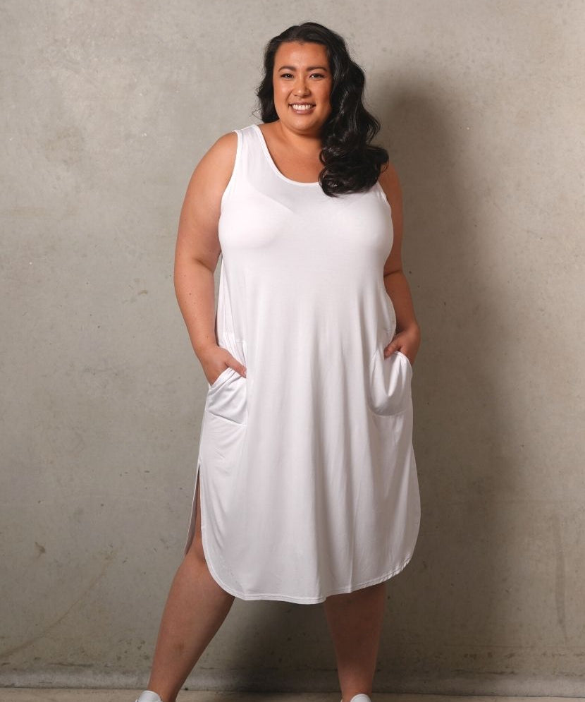 Plus size singlet dress, versatile for layering or wearing alone, perfect for all seasons - White.
