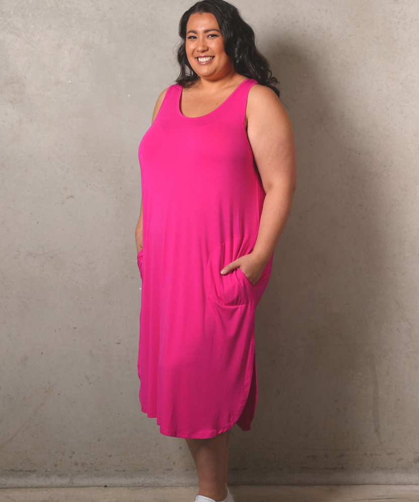Plus size singlet dress, versatile for year-round wear. Style with kimonos, leggings, boots, or wear alone in summer - Pink.