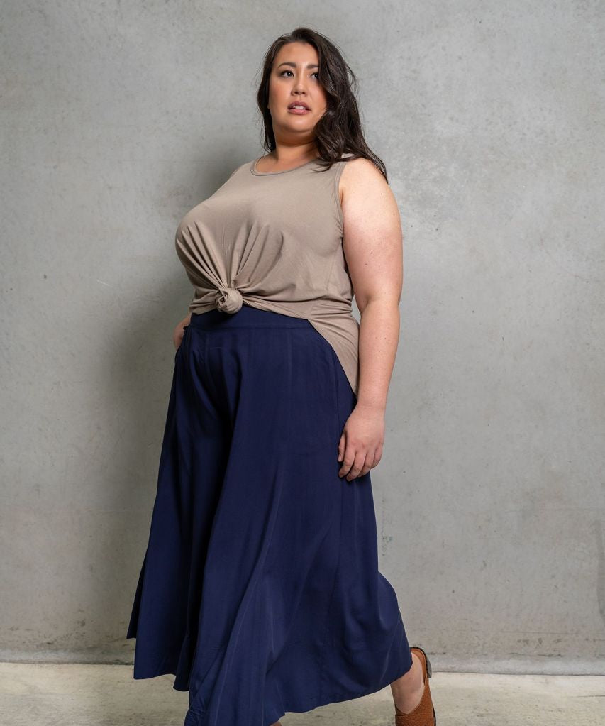 Comfy plus size culottes made from soft viscose, offering a skirt look with pants convenience for warm weather.