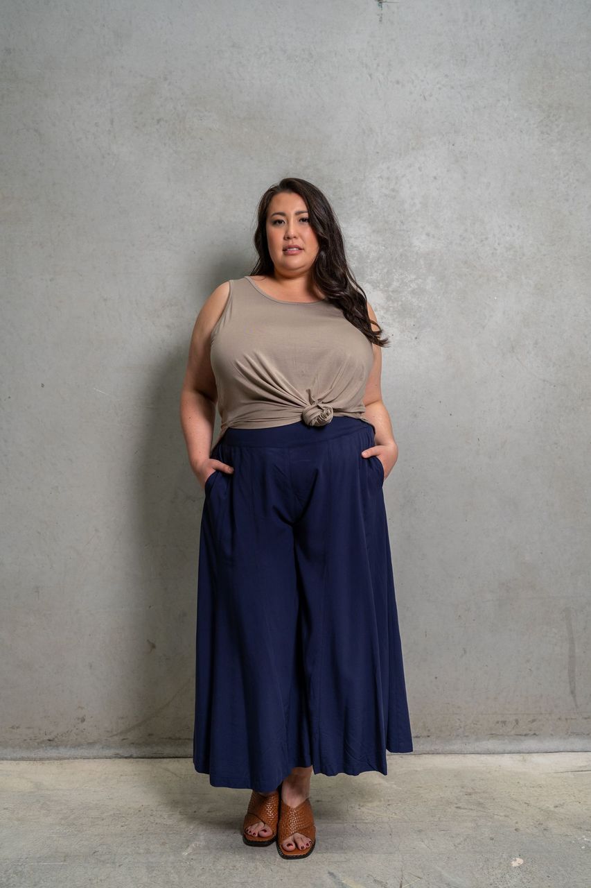 Comfy plus size culottes made from soft viscose, offering a skirt look with pants convenience for warm weather.