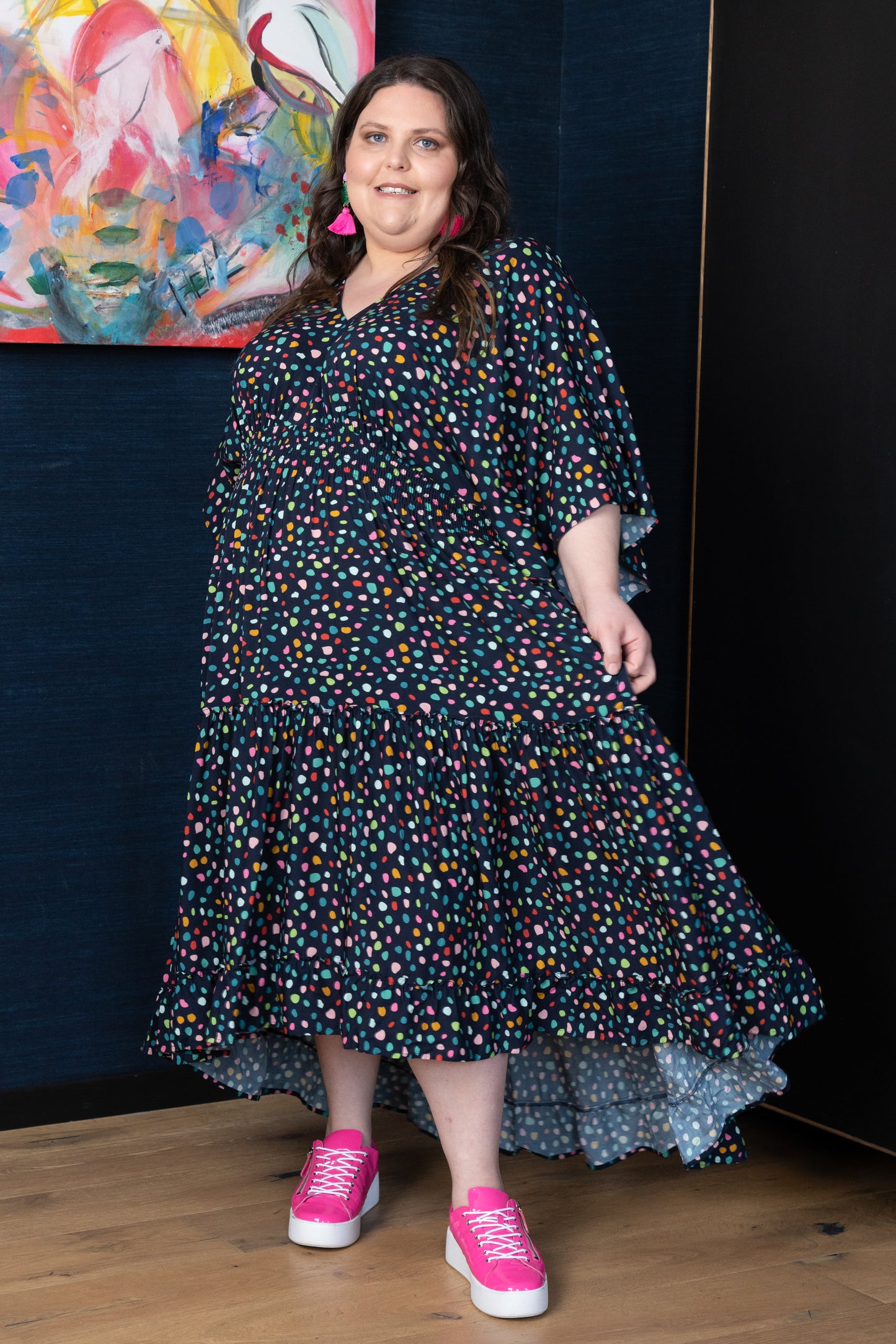 'WHIMSY' Tiered Dress - Navy multi spot Print