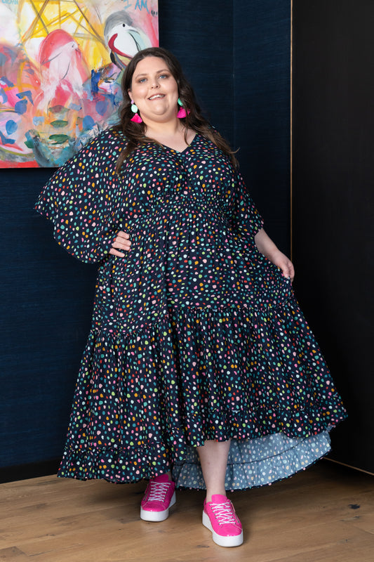 'WHIMSY' Tiered Dress - Navy multi spot Print