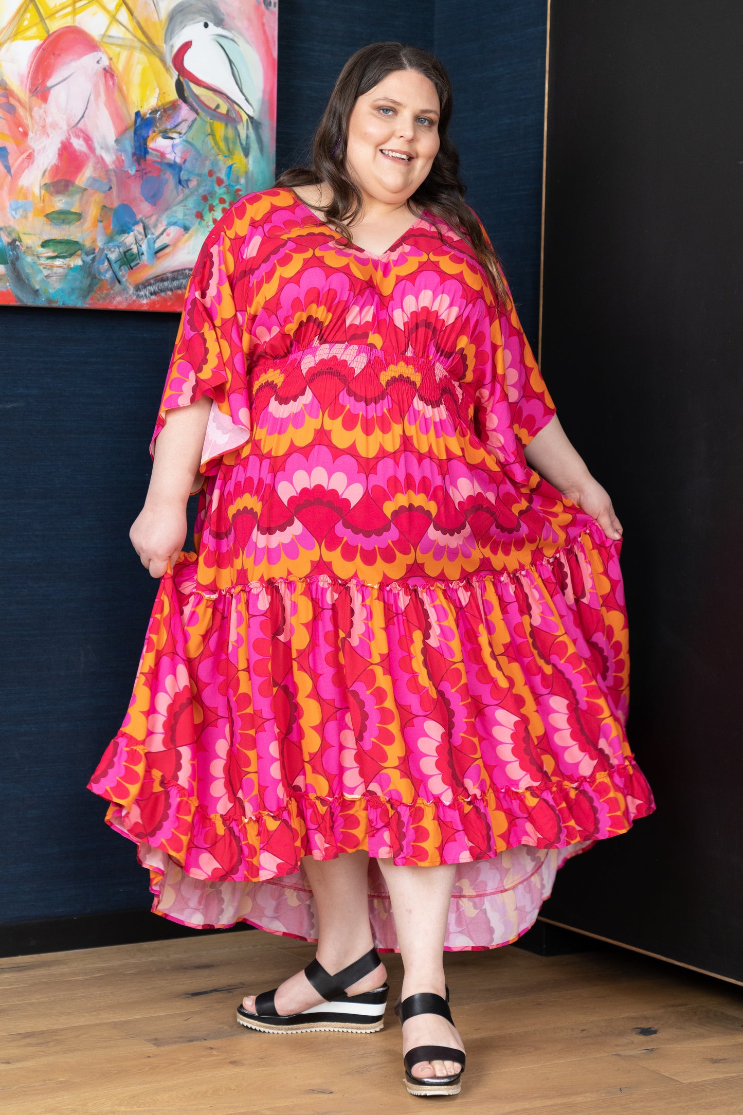 'WHIMSY' Tiered Dress - Pink Wave Print