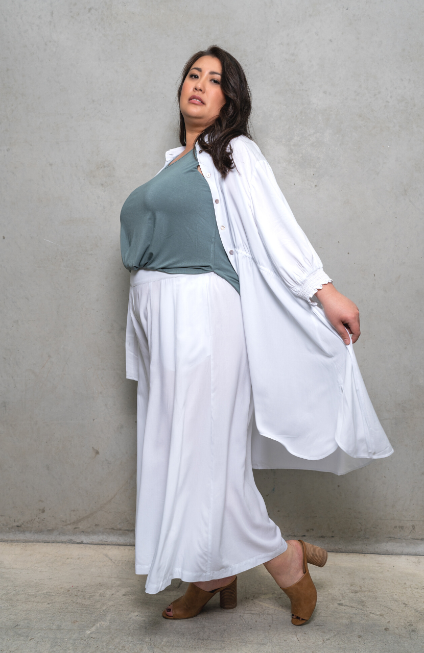 Sassy drawstring top in painter smock style, versatile for day or night wear. Perfect for plus size clothing.