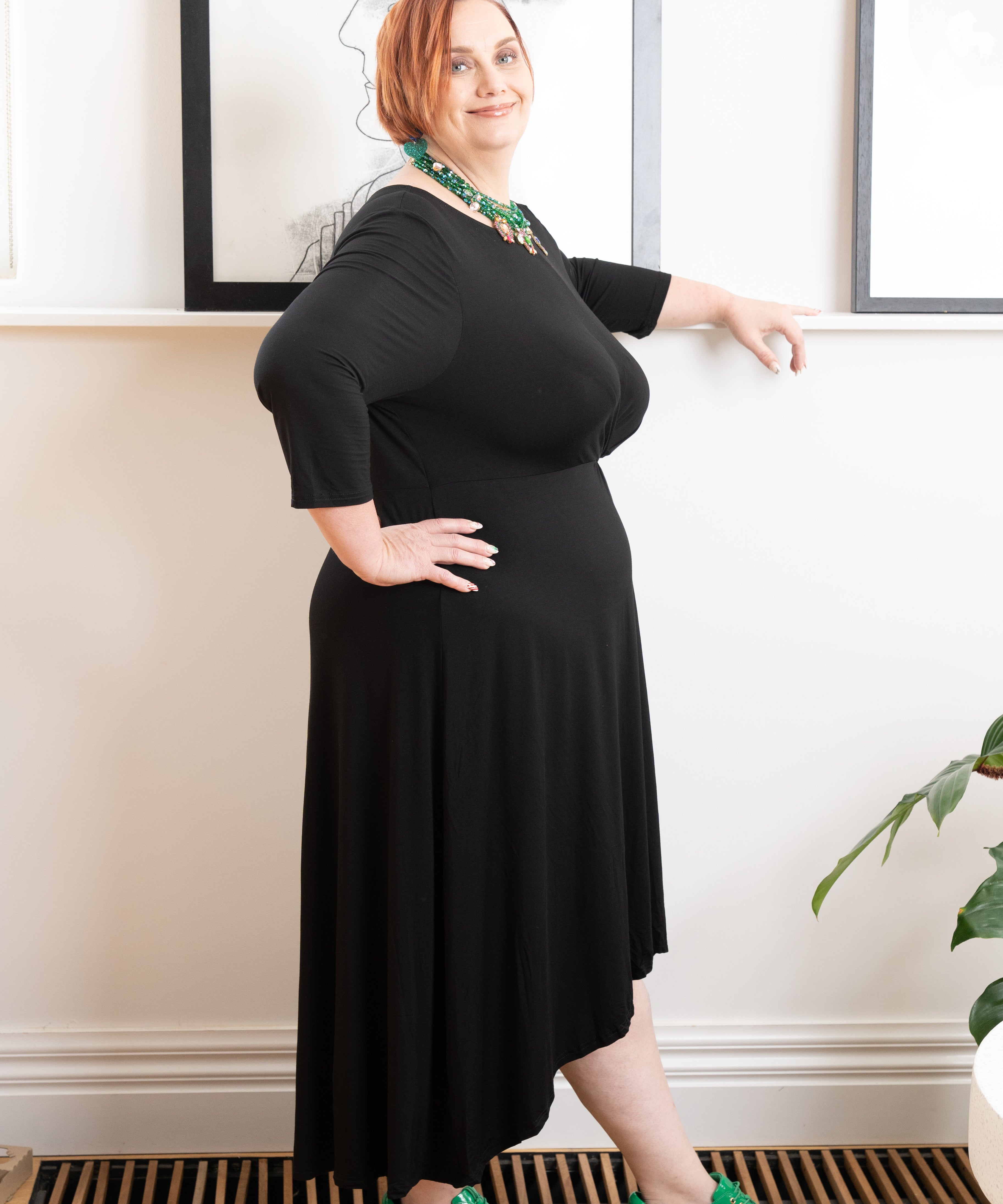 Black tie-front bamboo dress, versatile for all seasons, perfect for plus size women.