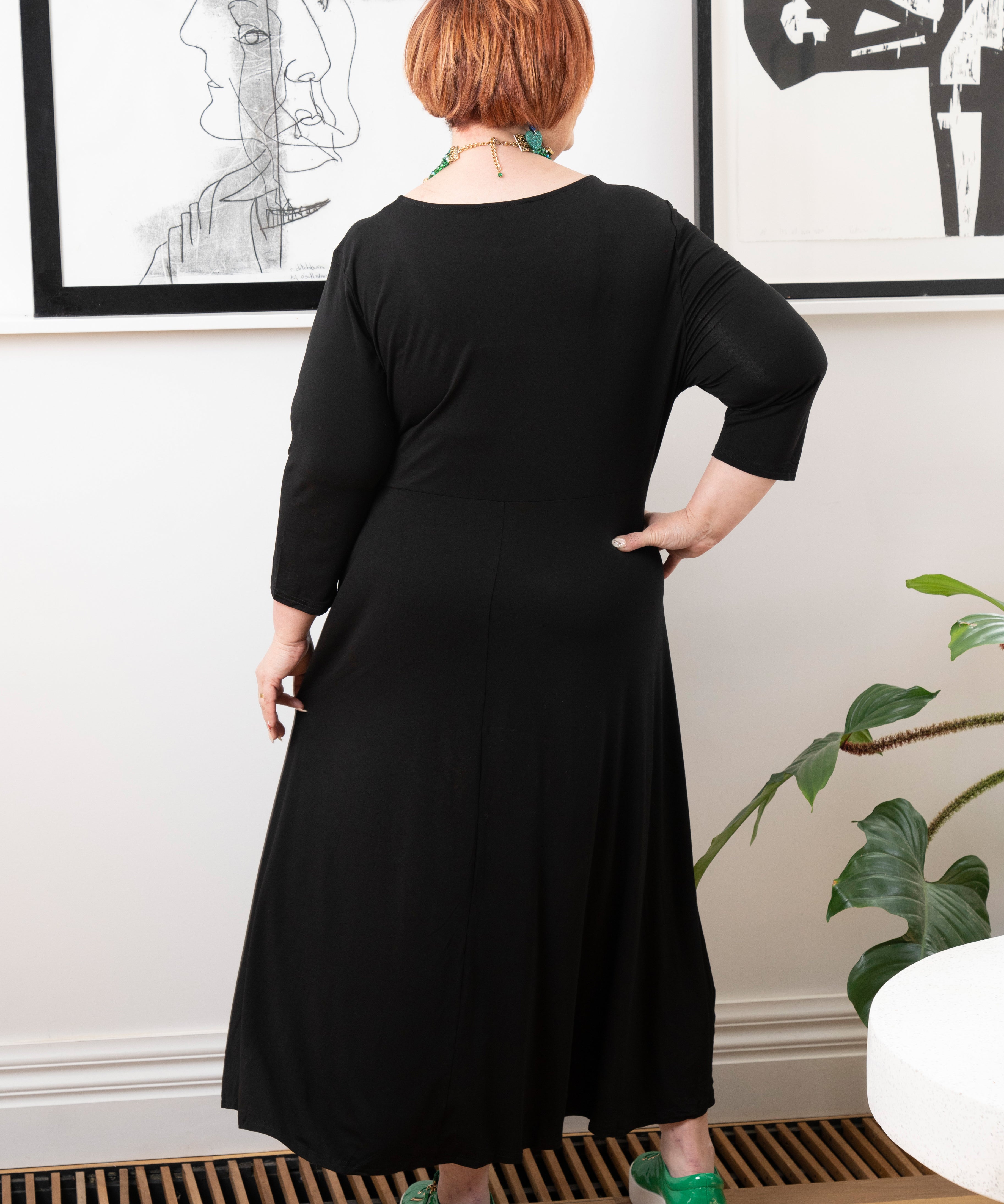 Black tie-front bamboo dress, versatile for all seasons, perfect for plus size women.